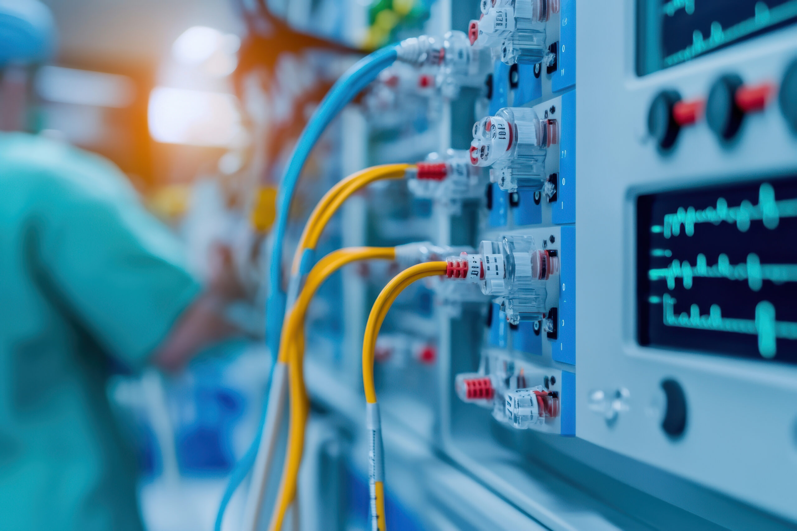 Medical equipment with cables and monitors in healthcare setting, showcasing advanced technology and patient monitoring systems. environment reflects sterile and professional atmosphere