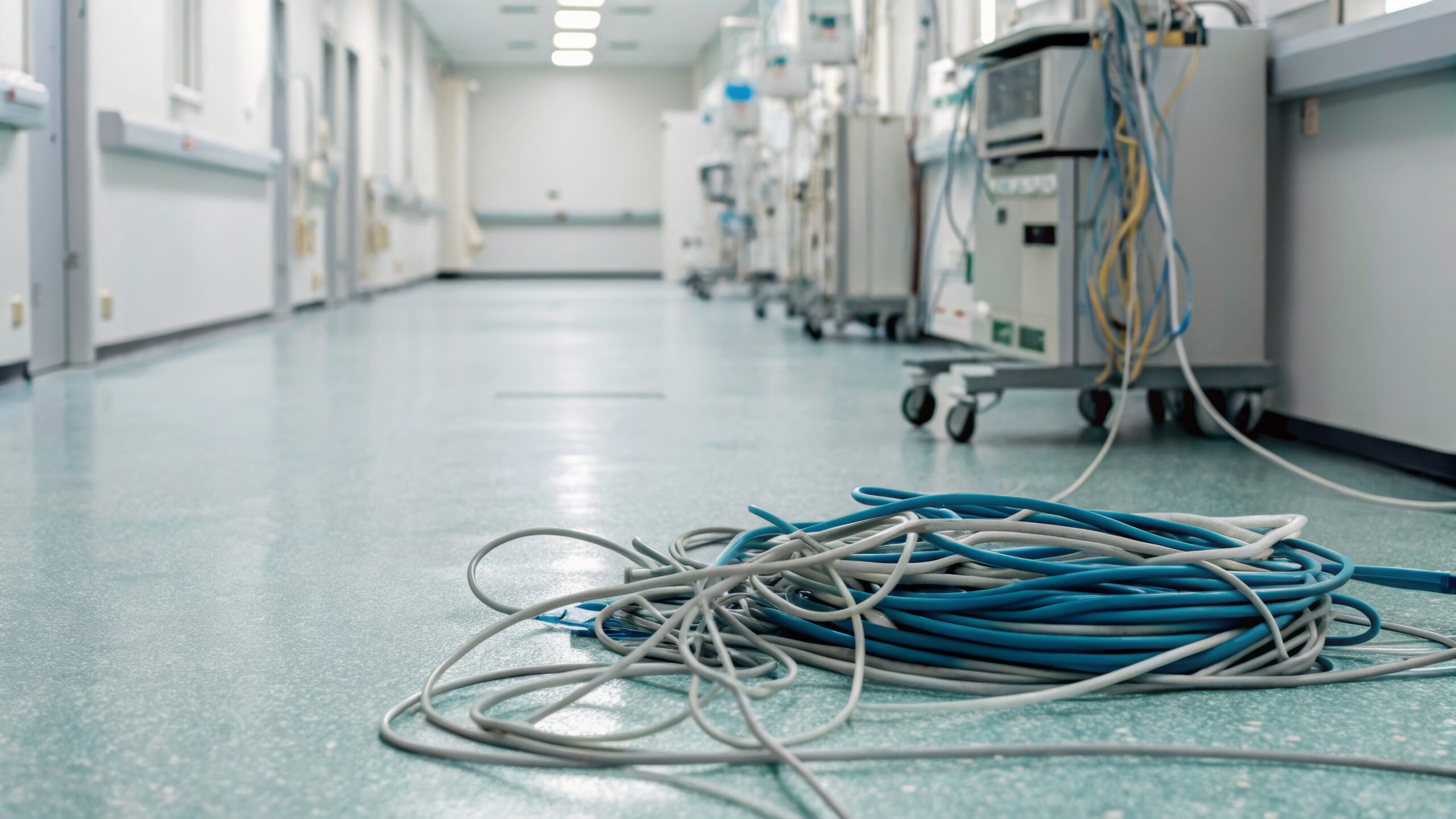 Health system issues concept. Healthcare corridor with tangled medical cables on the floor.