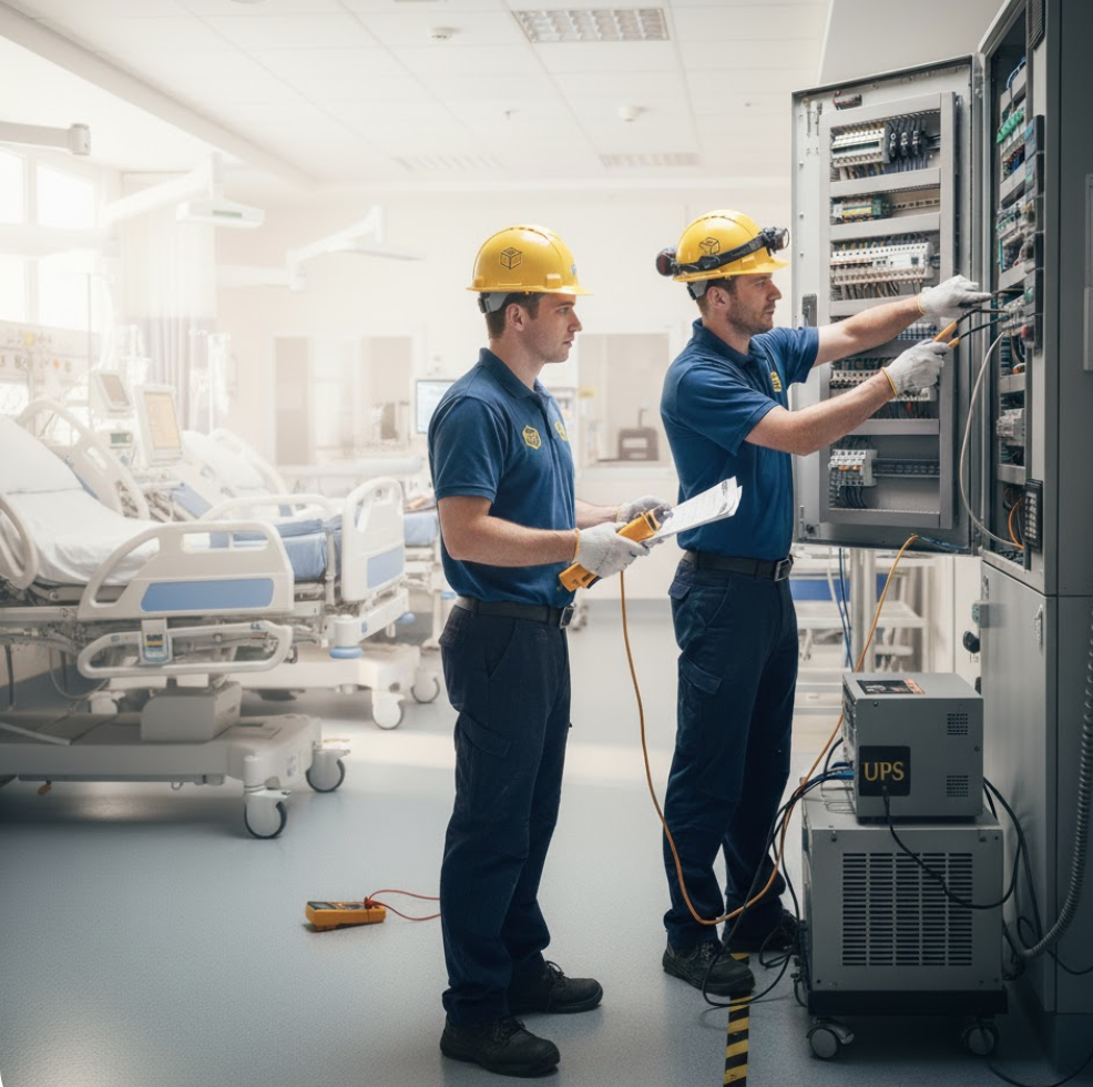GBB Electrical engineer checking a critical power distribution panel (UPS) in a hospital ward to ensure HTM compliance and prevent electrical downtime.