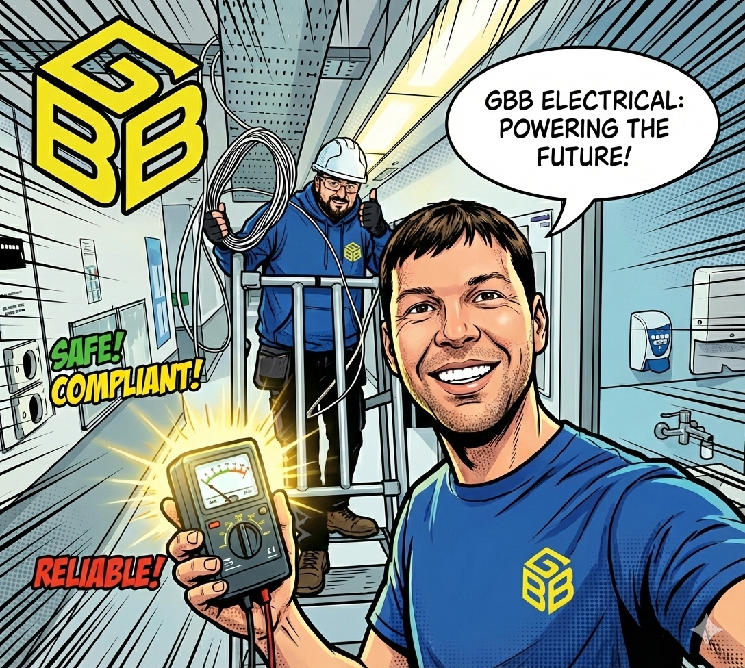 Comic-book style illustration of GBB Electrical engineers performing maintenance in a facility, featuring the GBB logo and "Safe, Compliant, Reliable" text.