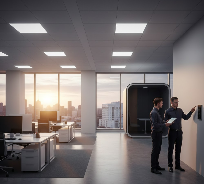 smart lighting Two electricians working on an electrical panel inside an office in London