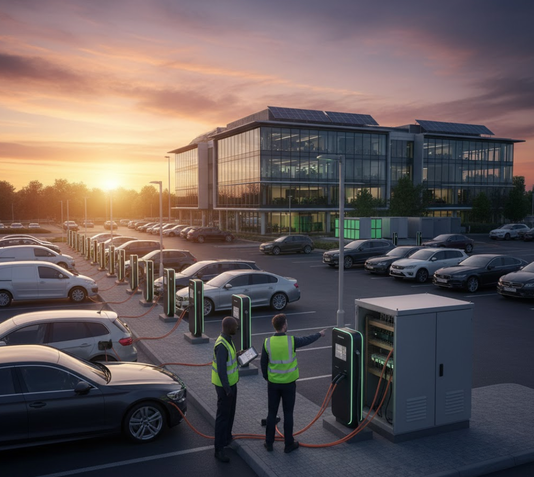 Electricians performing diagnostics on a commercial electrical control panel, demonstrating expertise in power distribution necessary for EV charging and load management in the London area