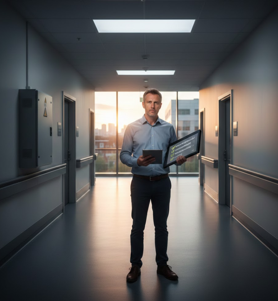 A professional UK facility manager holding a digital tablet with a compliance checklist in a modern hospital corridor representing nationwide electrical safety and commercial electrical solutions provided by GBB Electrical.
