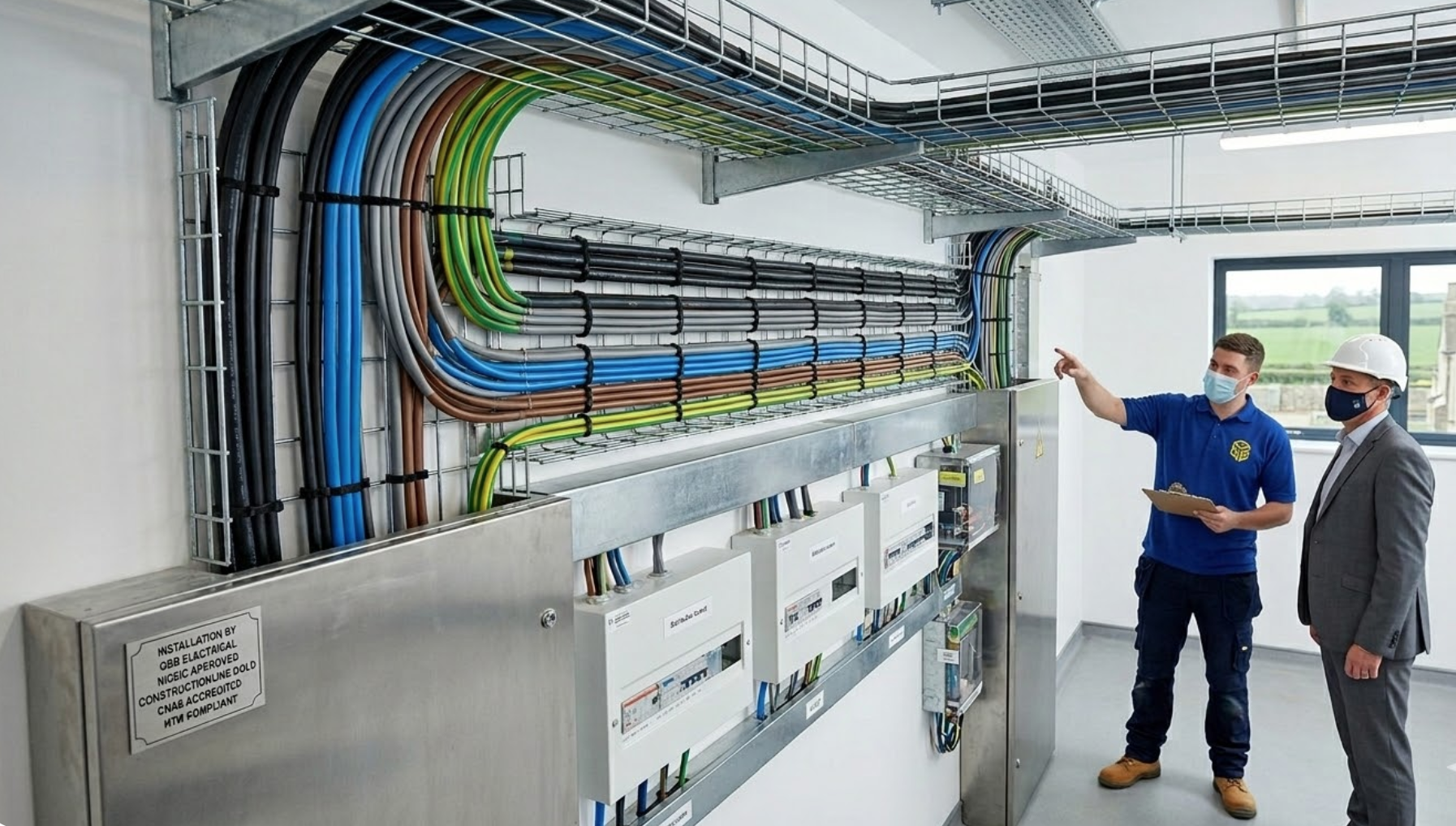 GBB Electrical electrician discussing compliant, neatly routed colorful cables on mesh trays with a facility manager in a commercial plant room. Accreditation plaque visible.